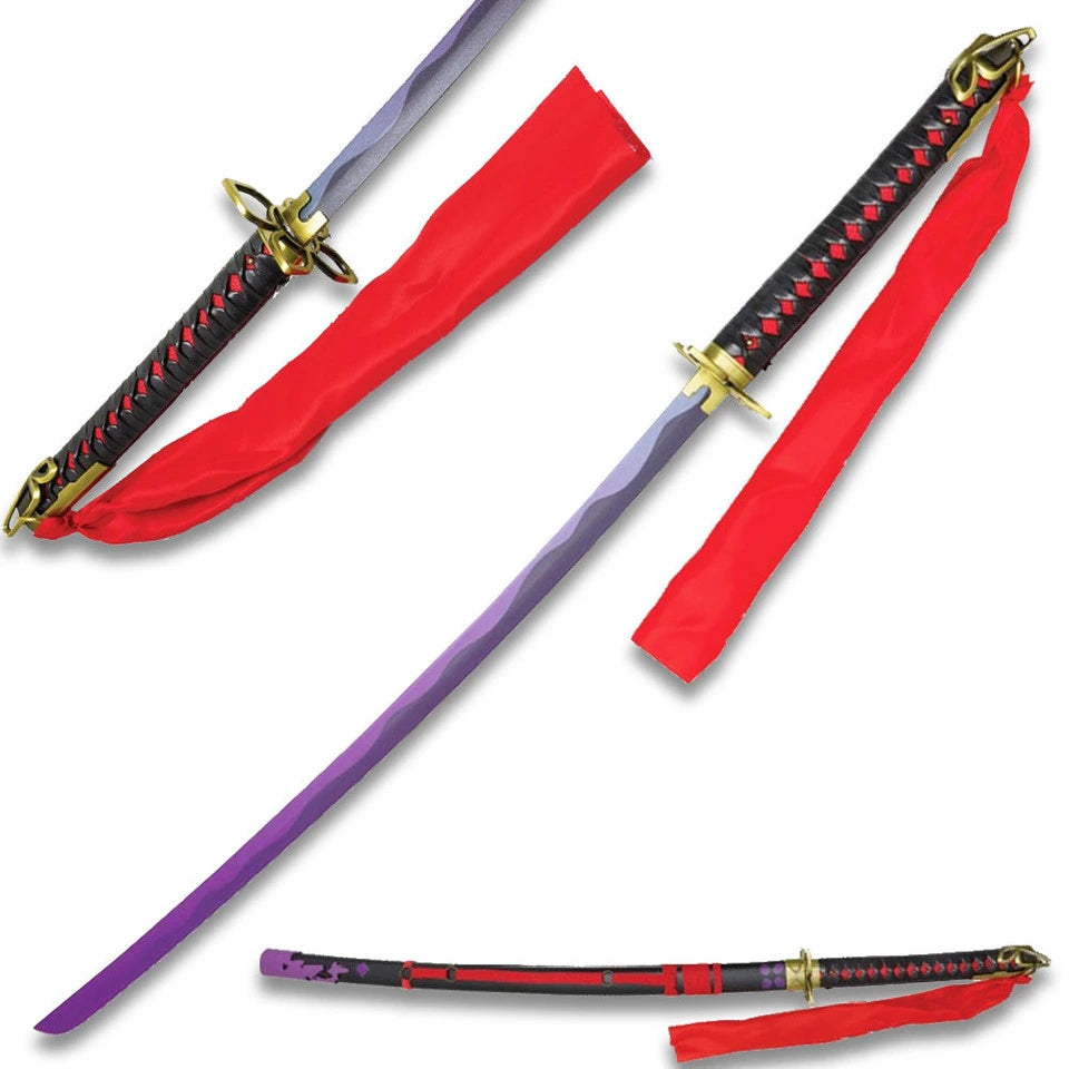 Muramasa demon katana fully sheathed in black and red lacquered saya with purple kojiri tip, red silk sageo cord, antique brass koiguchi, and red fabric bag on white background