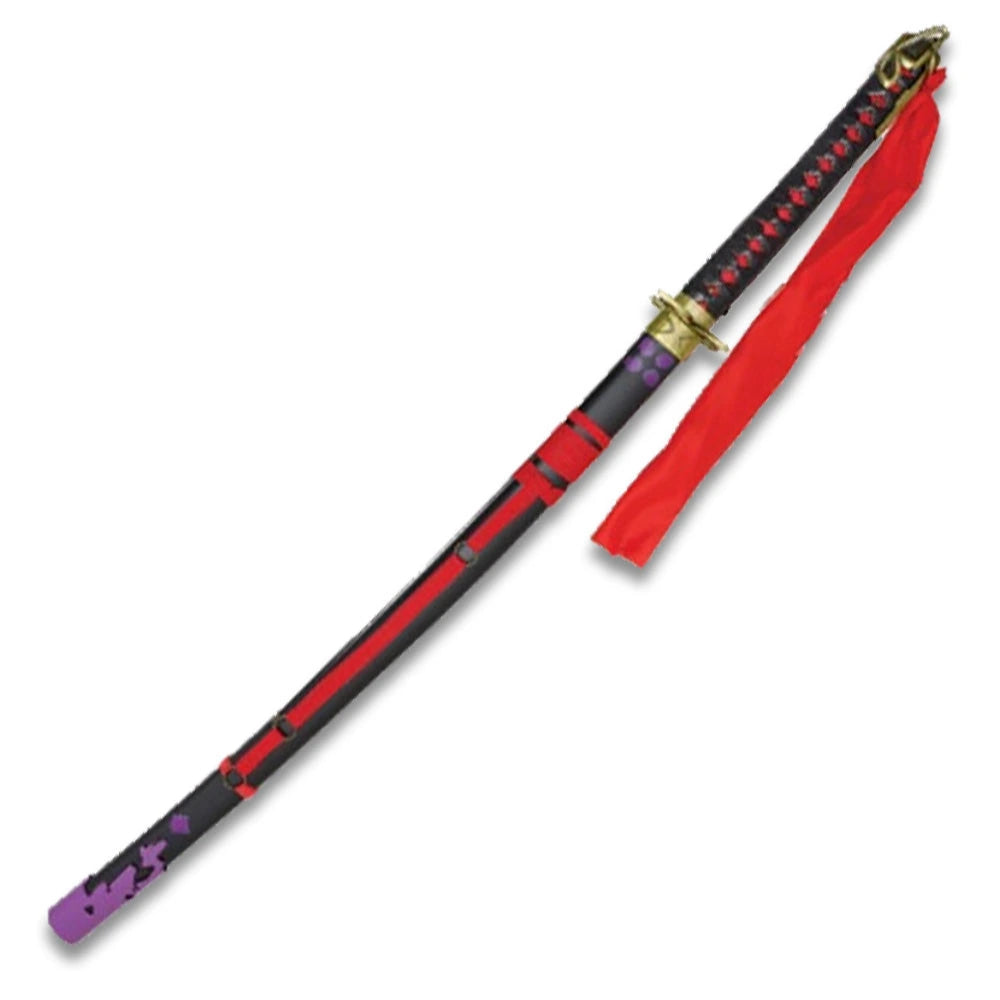 Muramasa demon katana displayed at multiple angles showing full purple blade, black and red diamond tsuka wrap, antique brass tsuba, and red fabric scabbard bag on white background