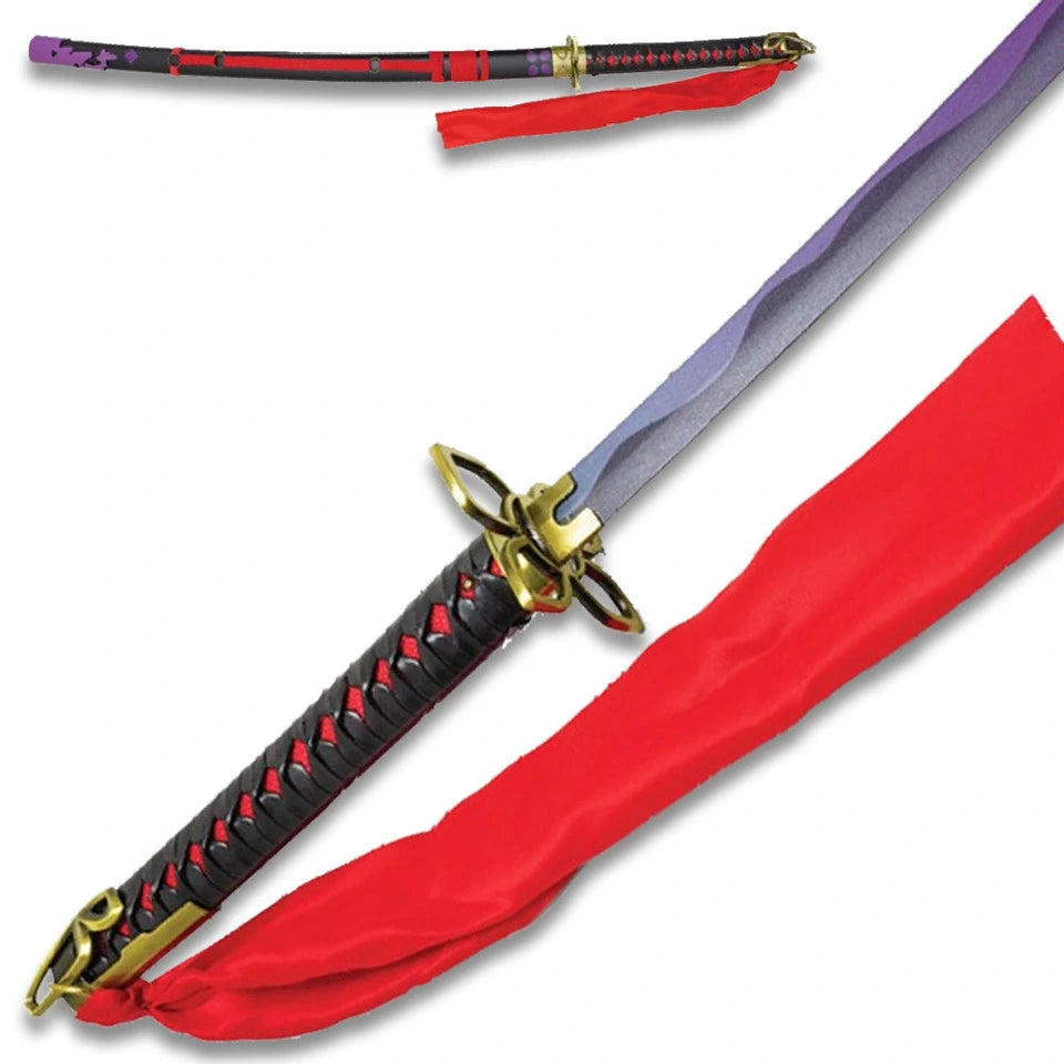 Muramasa demon katana full-length view with purple blade drawn alongside black and red lacquered scabbard with red silk bag, antique brass fittings on white background