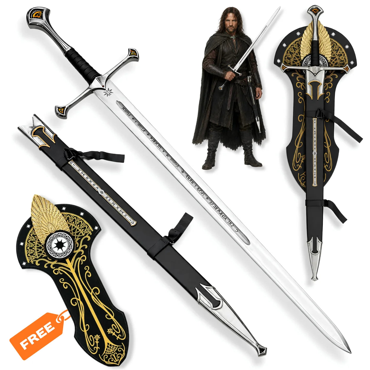 Museum Collection Andúril Sword – LOTR Flame of the West Replica with Scabbard, Display Plaque and Character Display