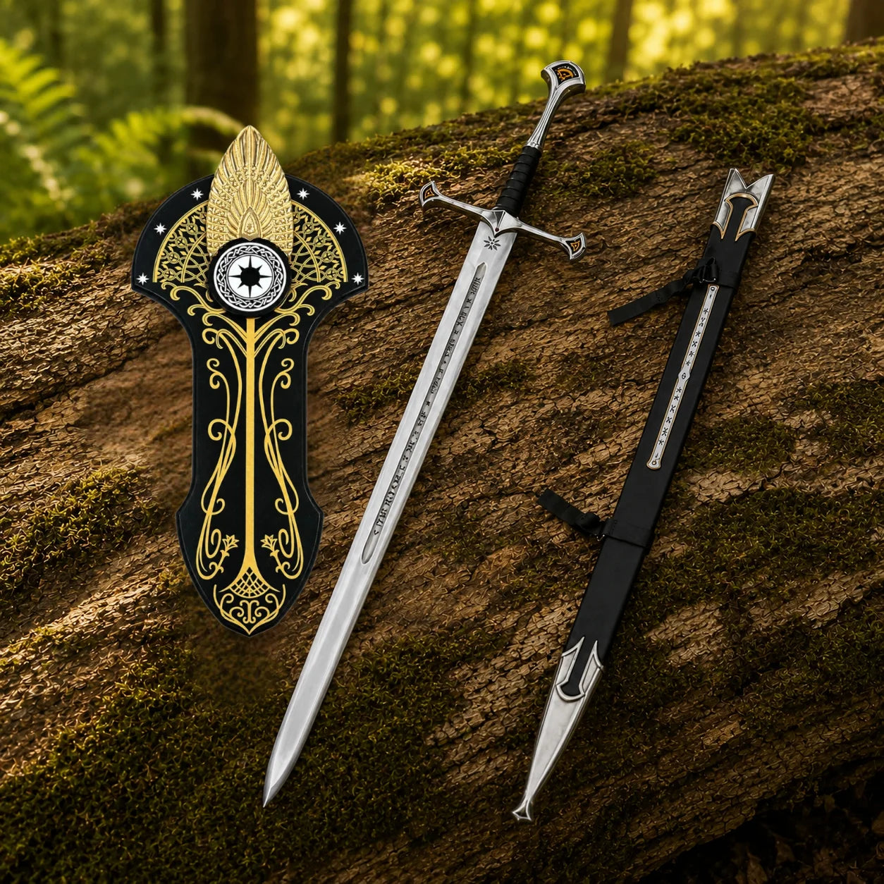 Museum Collection Andúril Sword LOTR Replica with Engraved Blade, Scabbard and Decorative Display Plaque on Mossy Log