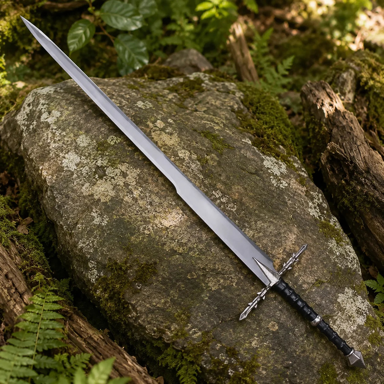 Close-up of Nazgul Ringwraith sword prop replica ornate thorn crossguard with arrow-tip quillons and black ribbed wrapped grip on mossy rock – LOTR Ringwraith collectible