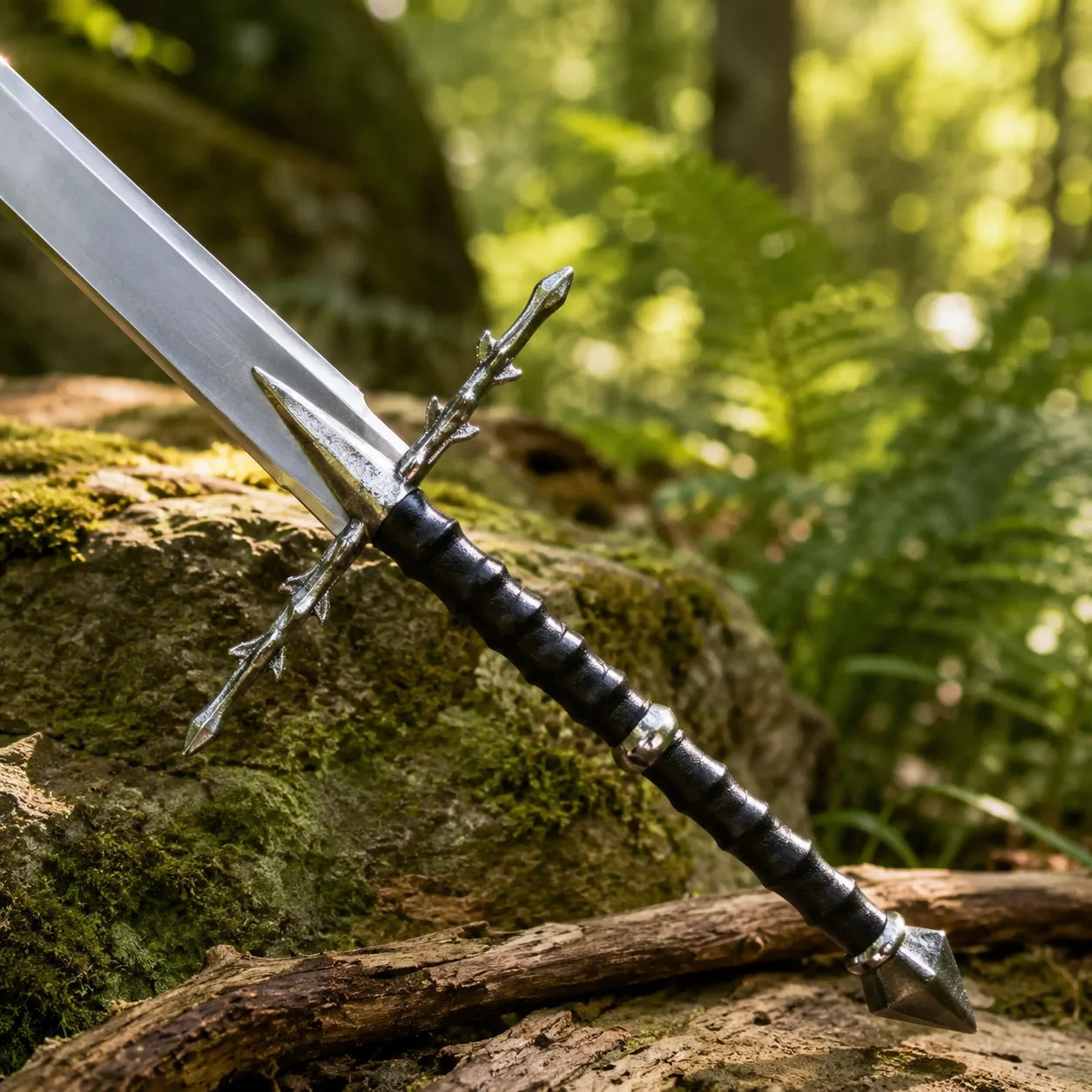 Close-up of Nazgul Ringwraith sword prop replica long polished silver blade tip with tapered profile resting on rustic wood log in golden sunlit forest – LOTR dark collectible