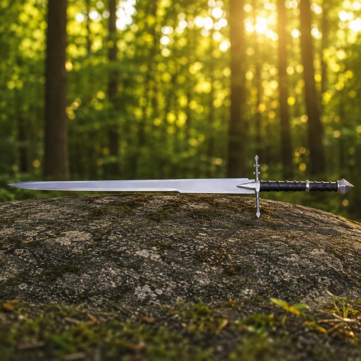 Nazgul Ringwraith sword prop replica held aloft in gloved hand in sunlit forest showing full polished silver blade and ornate thorn crossguard with diamond pommel – LOTR cosplay prop