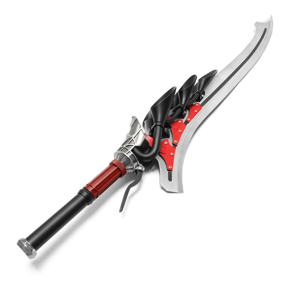 Close-up of the Nero Red Queen Limited Edition display collectible highlighting the detailed mechanical guard, engraved decorative blade styling, premium handle construction, and refined finish inspired by Devil May Cry.
