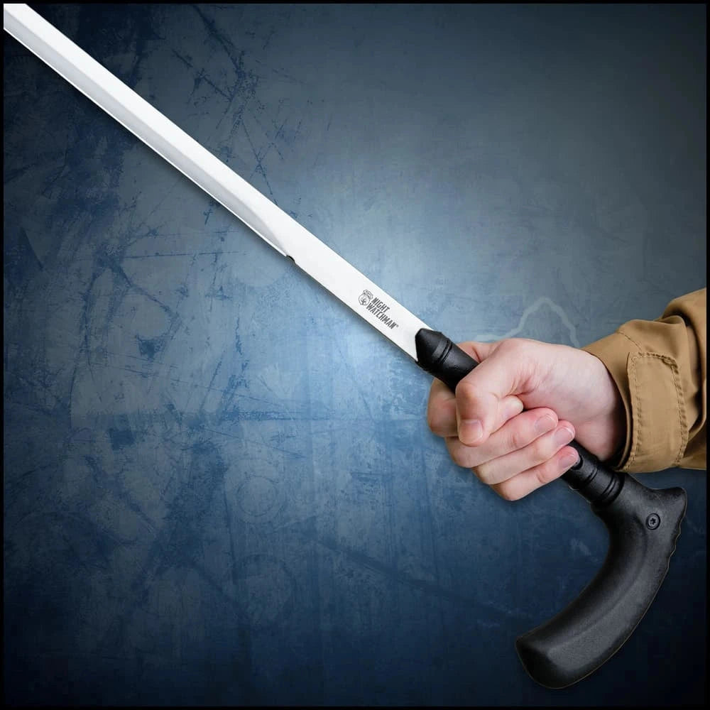 Man holding Night Watchman Sword Cane upright – black gothic display cane cosplay collectible