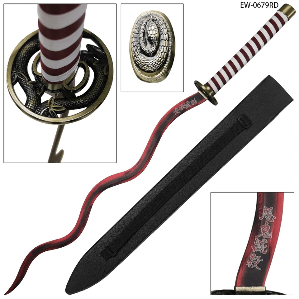 Close-up of the Obanai Iguro Red Nichirin Display Collectible highlighting the unique serpent-inspired guard, wrapped grip and decorative red blade finish