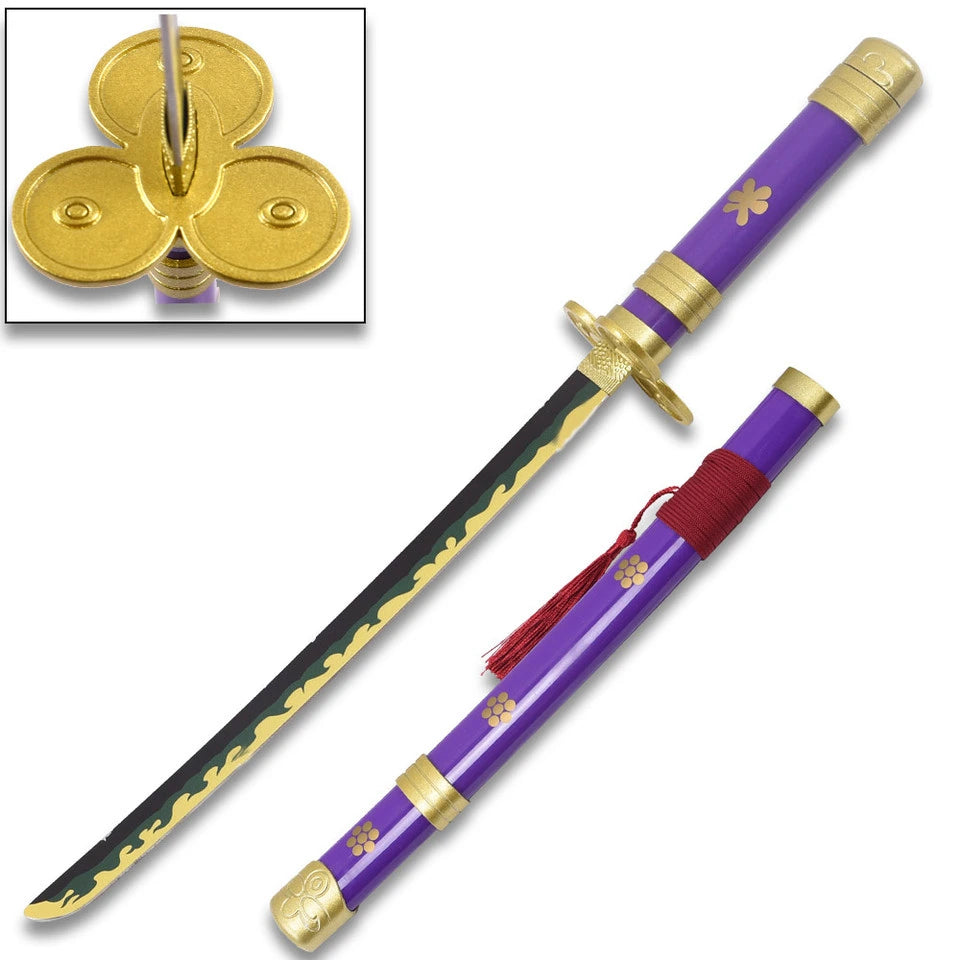Close-up of the Purple Enma Mini Katana collectible highlighting the decorative purple finish, detailed wrapped grip, premium guard, matching scabbard, and exceptional anime-inspired craftsmanship based on Roronoa Zoro from One Piece.