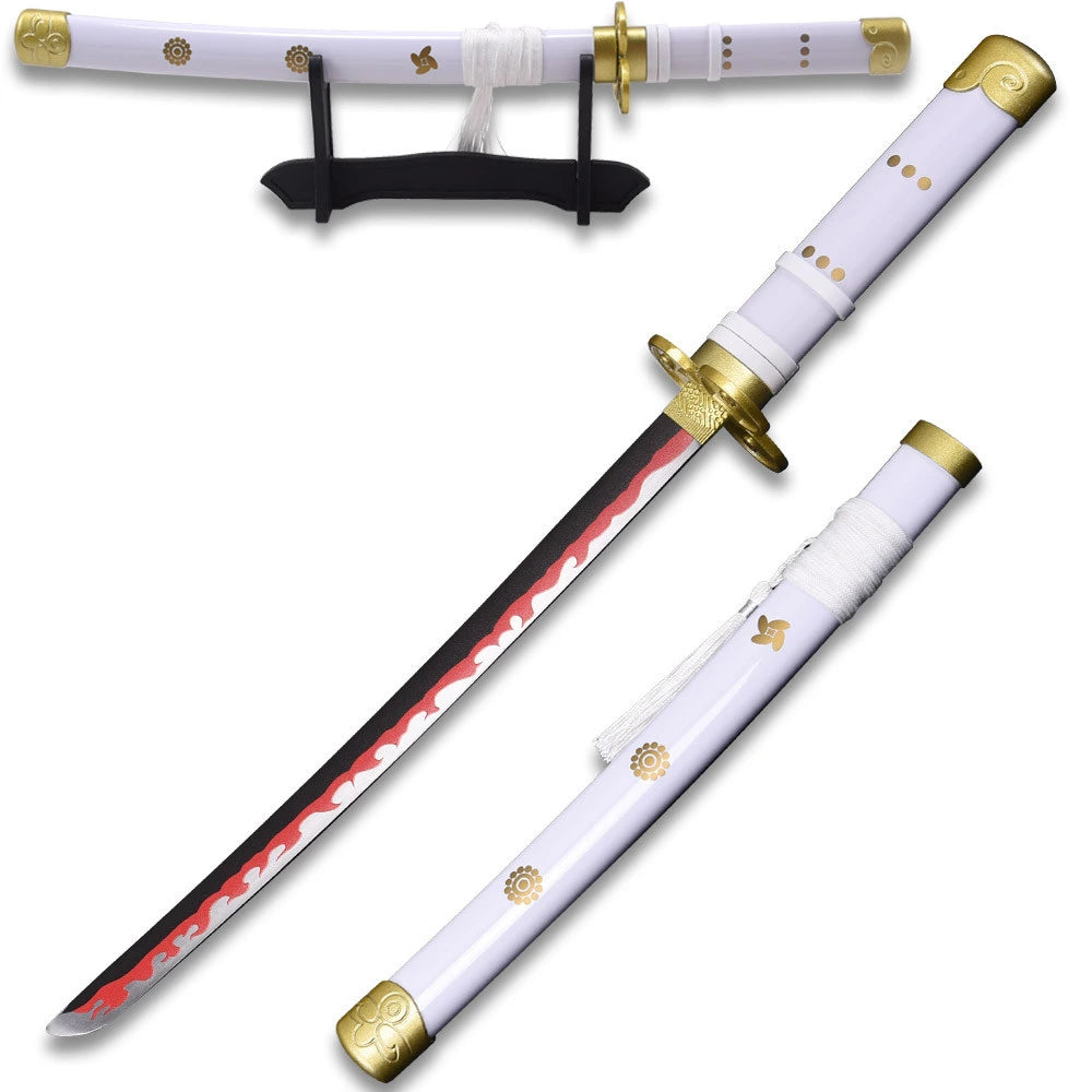 Close-up image of the Ame no Habakiri Mini Katana collectible highlighting the detailed wrapped grip, decorative guard, premium display finish, elegant craftsmanship, and anime-inspired styling based on Roronoa Zoro from One Piece.
