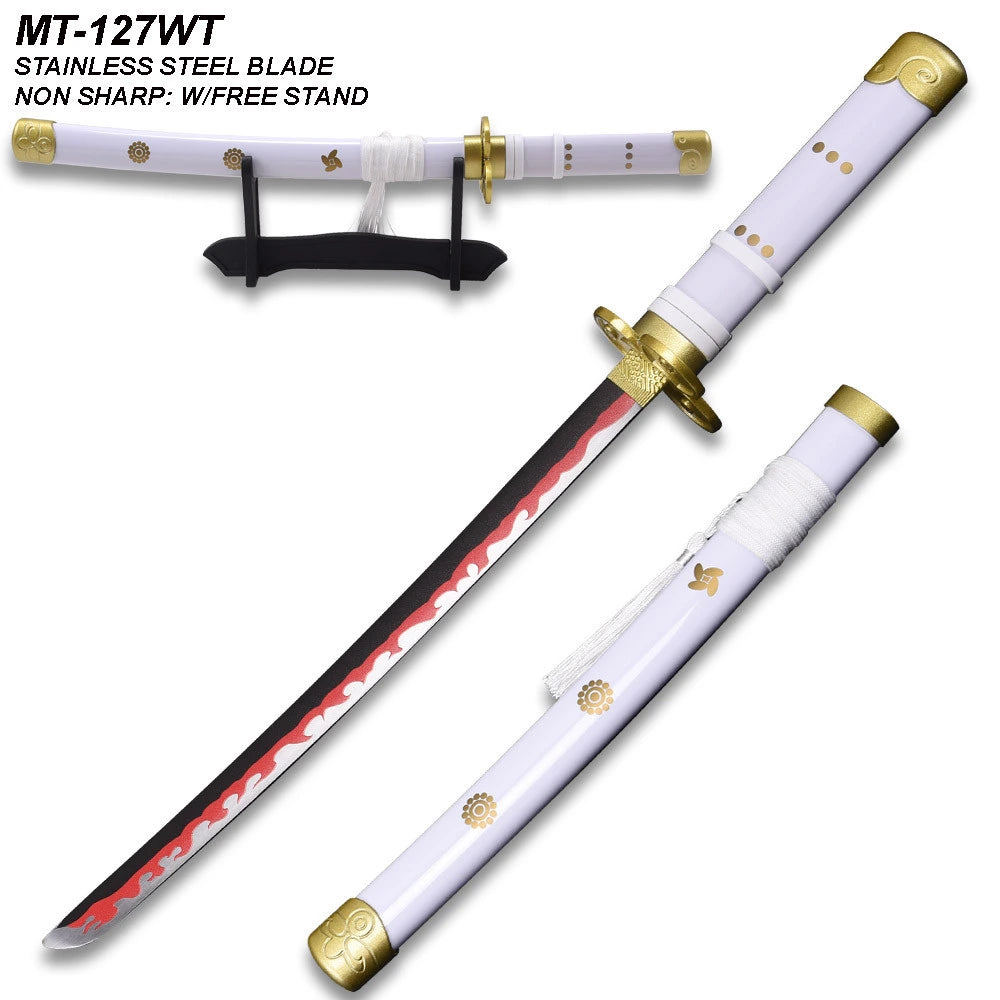 Premium Ame no Habakiri Mini Katana collectible displayed on a clean background emphasizing decorative craftsmanship, detailed fittings, wrapped handle, matching scabbard, and collector-quality presentation inspired by One Piece.