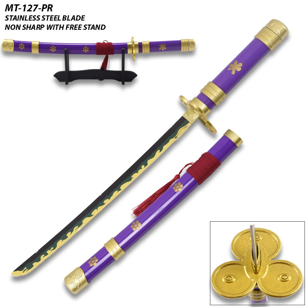 Full-length Purple Enma Mini Katana One Piece collectible displayed with its matching decorative scabbard showcasing premium craftsmanship, compact display size, elegant styling, and collector-quality presentation for anime collections.