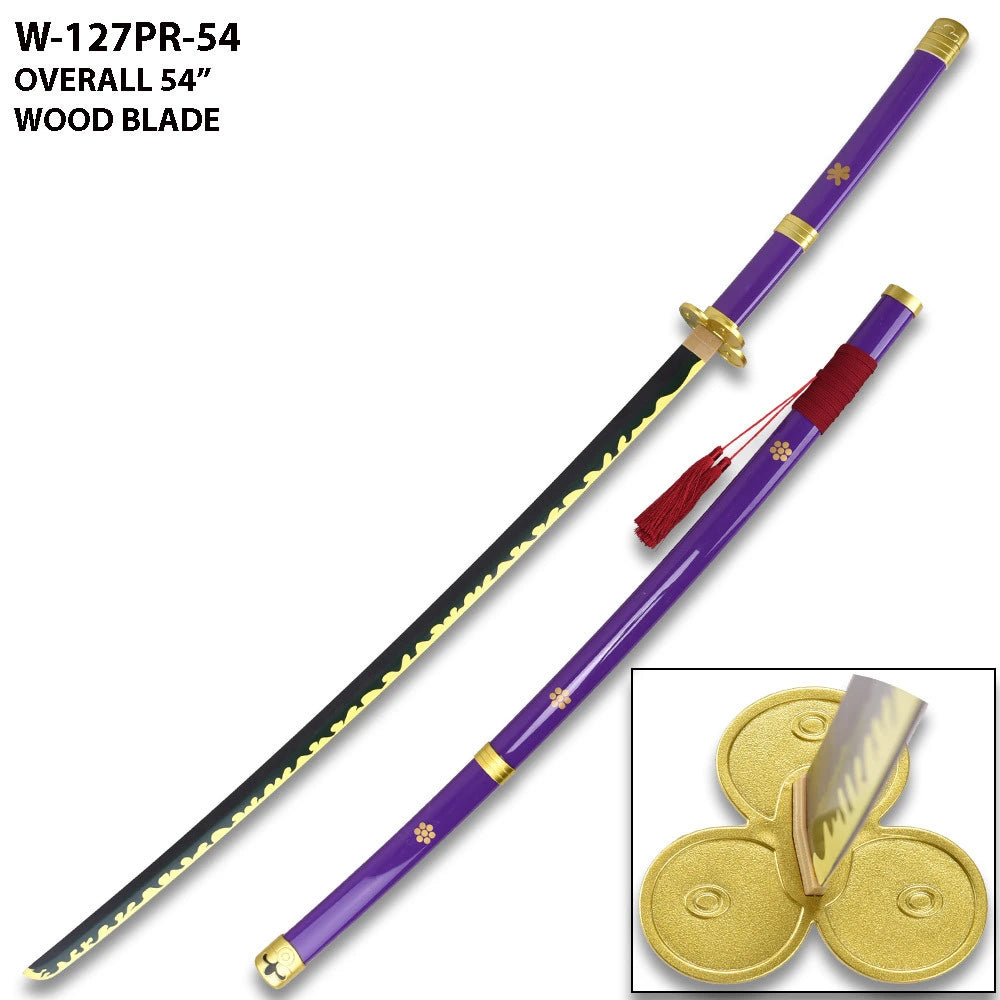 Close-up image of the Enma Wood Katana One Piece collectible highlighting the traditional wrapped handle, elegant decorative guard, premium wooden construction, and collector-quality craftsmanship inspired by Roronoa Zoro.