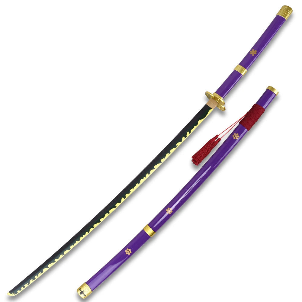 Enma Wood Katana One Piece collectible inspired by Roronoa Zoro featuring premium wooden craftsmanship, decorative black blade, matching purple plastic scabbard, and detailed anime styling for collectors and cosplay enthusiasts.