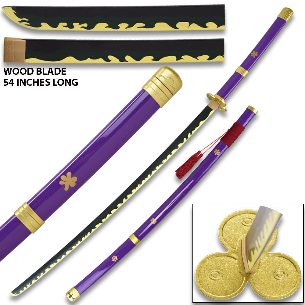 Premium Enma Wood Katana One Piece collectible positioned on a clean display background emphasizing detailed decorative craftsmanship, beautifully finished wooden blade, textured handle wrapping, and premium collector presentation.