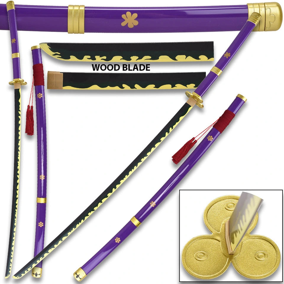 Full-length Enma Wood Katana collectible inspired by One Piece displayed with its matching purple plastic scabbard, showcasing premium wooden craftsmanship, decorative finish, and display-quality presentation for anime collectors.