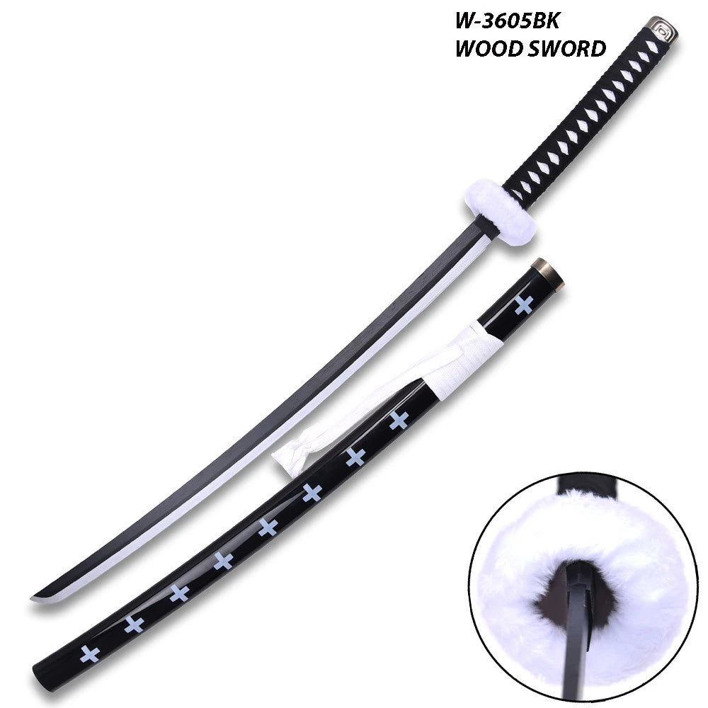 Anime-inspired Trafalgar Law Wood Display Collectible featuring premium craftsmanship, decorative dual-tone wooden construction and black plastic scabbard for conventions, collector shelves and fan collections