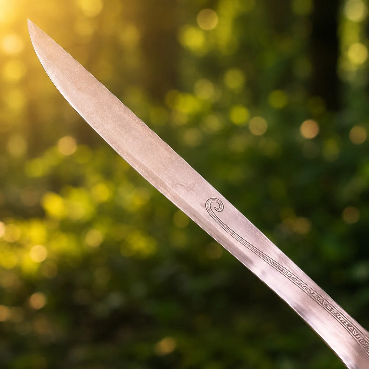 Orcrist sword prop replica full length on mossy log in sunlit forest showing complete curved polished silver Elvish blade ornate crescent crossguard brown leather grip with Elvish rune inscriptions and silver pommel – Hobbit display collectible