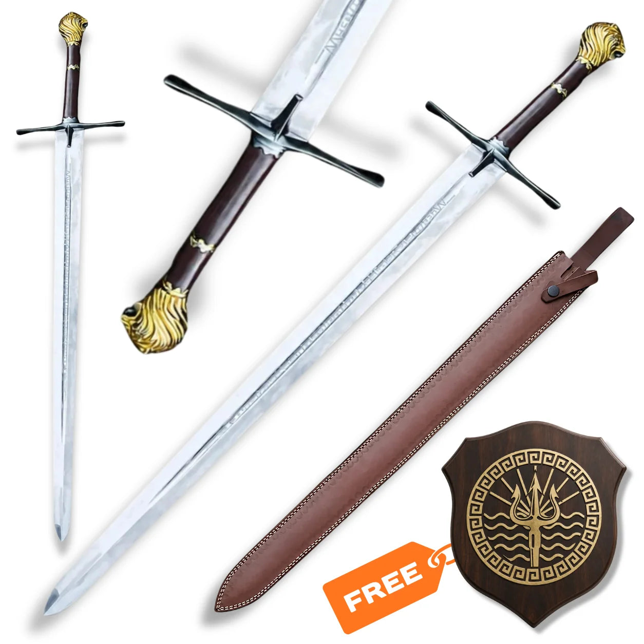 Peter Pevensie Rhindon Sword Narnia display replica with engraved silver blade, gold lion-head pommel, brown sheath and wall plaque