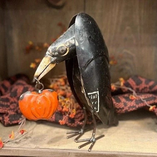 Primitive Halloween Raven Recycled Metal Pumpkin, Black Farmhouse Fall Decor 11.5" Tall Titan Swords