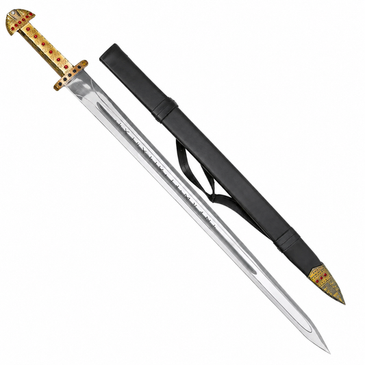Ragnar Lothbrok sword of kings prop replica held in forest setting Vikings display collectible