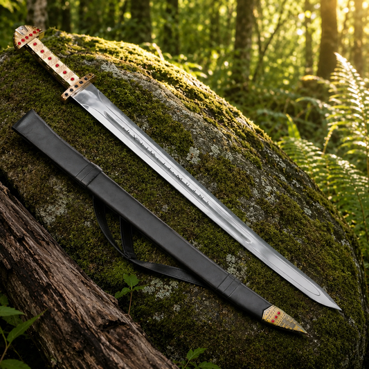 Close-up of Norse rune engravings on Ragnar Lothbrok sword prop replica stainless steel blade