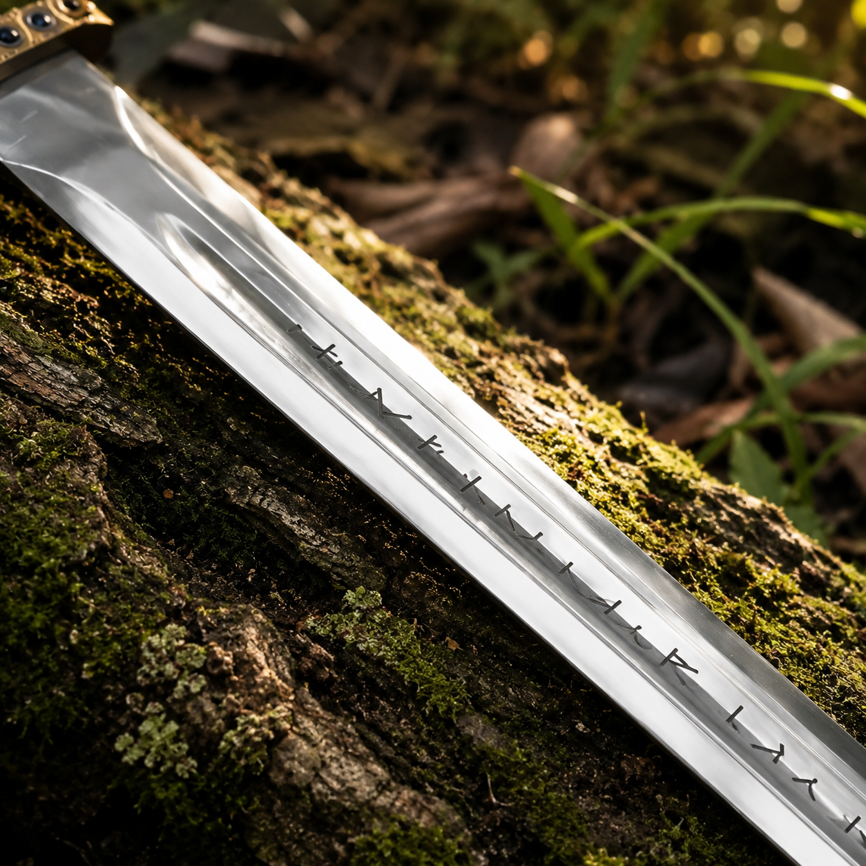 Ragnar Lothbrok sword of kings prop replica displayed with free black leather scabbard on forest log