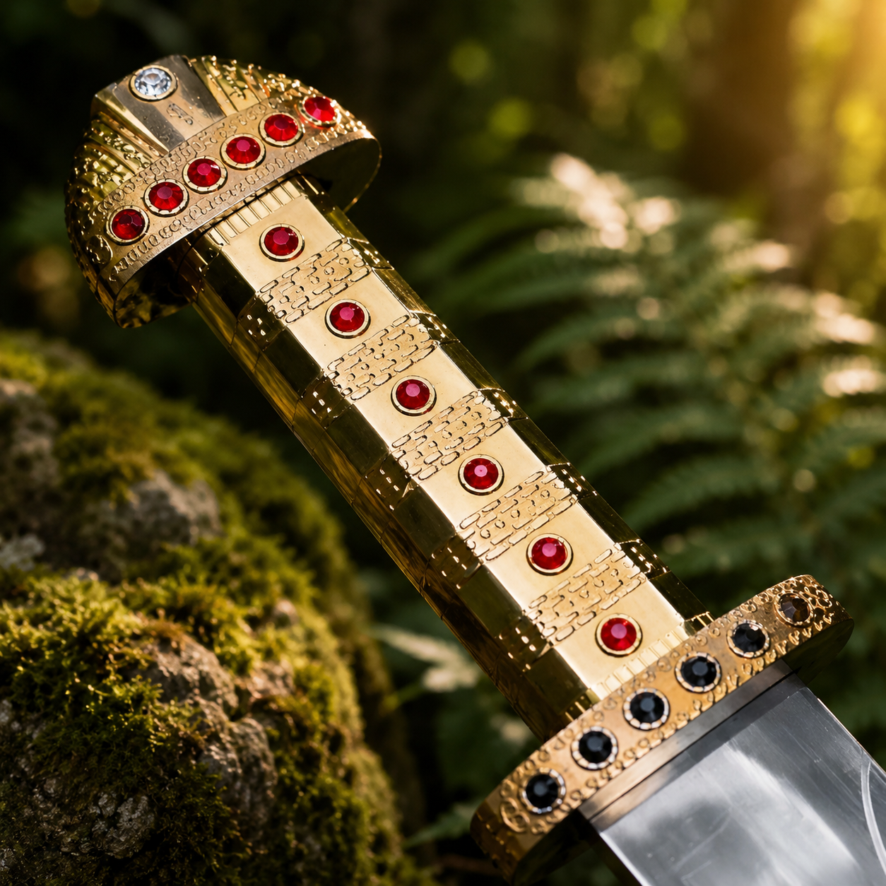 Full length Ragnar Lothbrok Vikings sword collectible with leather scabbard resting on moss-covered rock