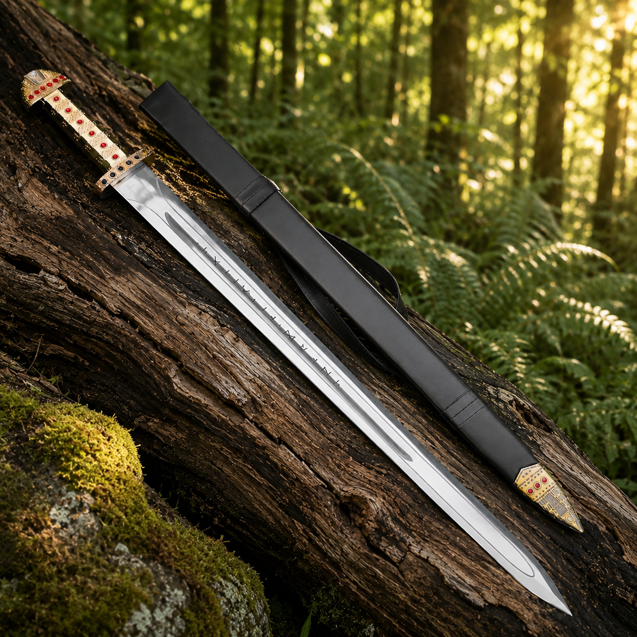 Ragnar Lothbrok sword prop replica angled display view with black scabbard Norse fan collectible
