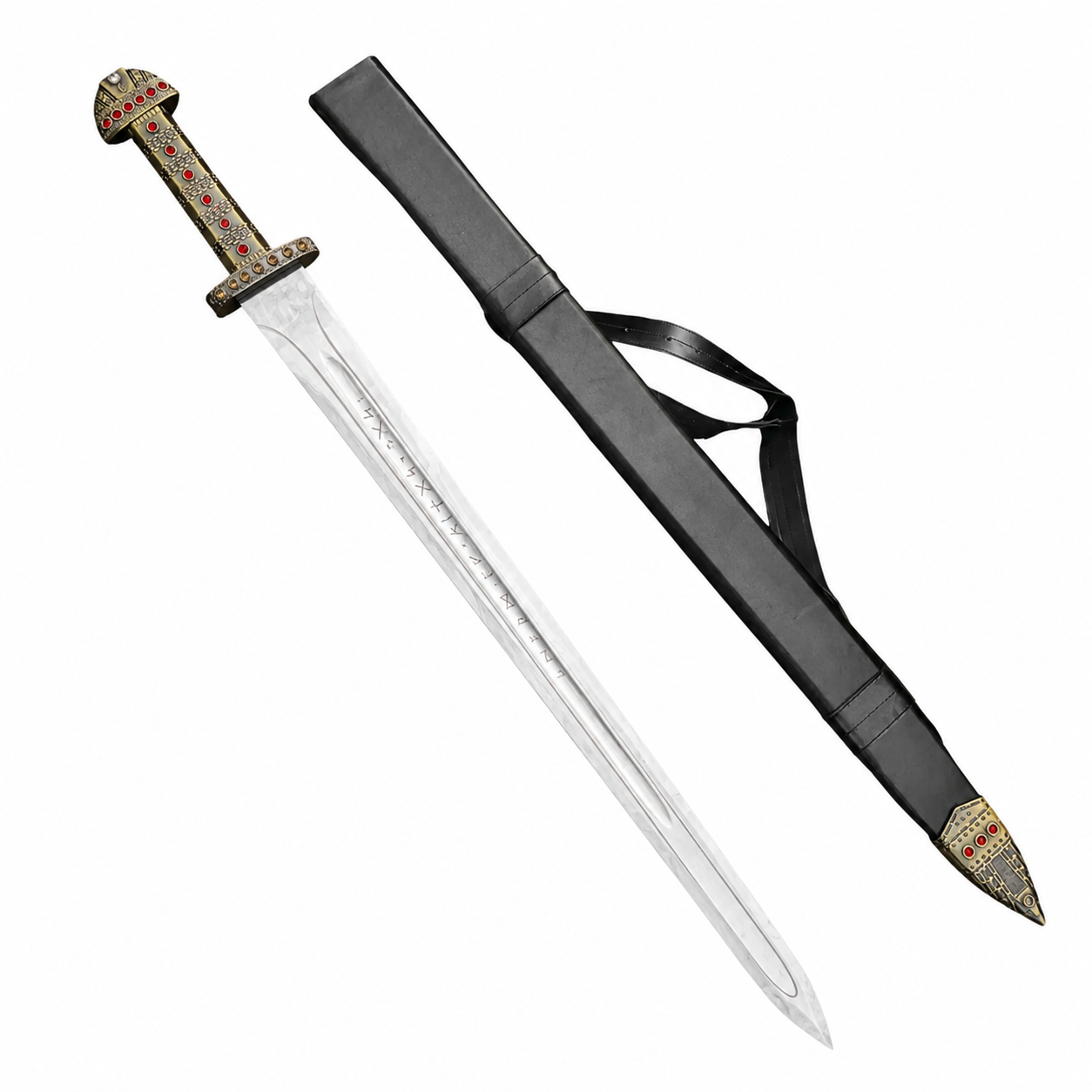 Ragnar Lothbrok sword prop replica blade close-up with Norse rune engravings – display piece