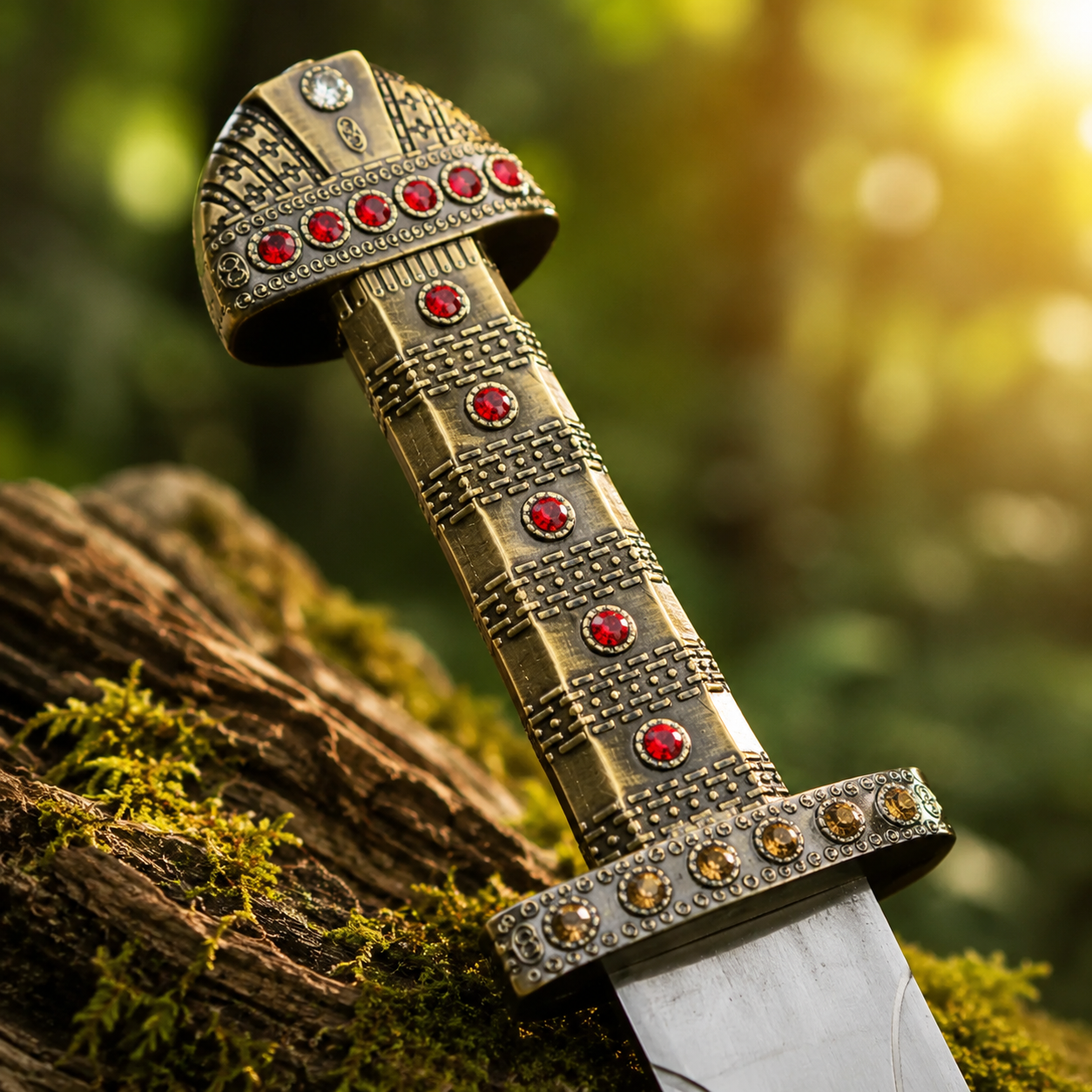 Vikings TV series Ragnar Lothbrok sword prop replica and scabbard displayed on mossy log
