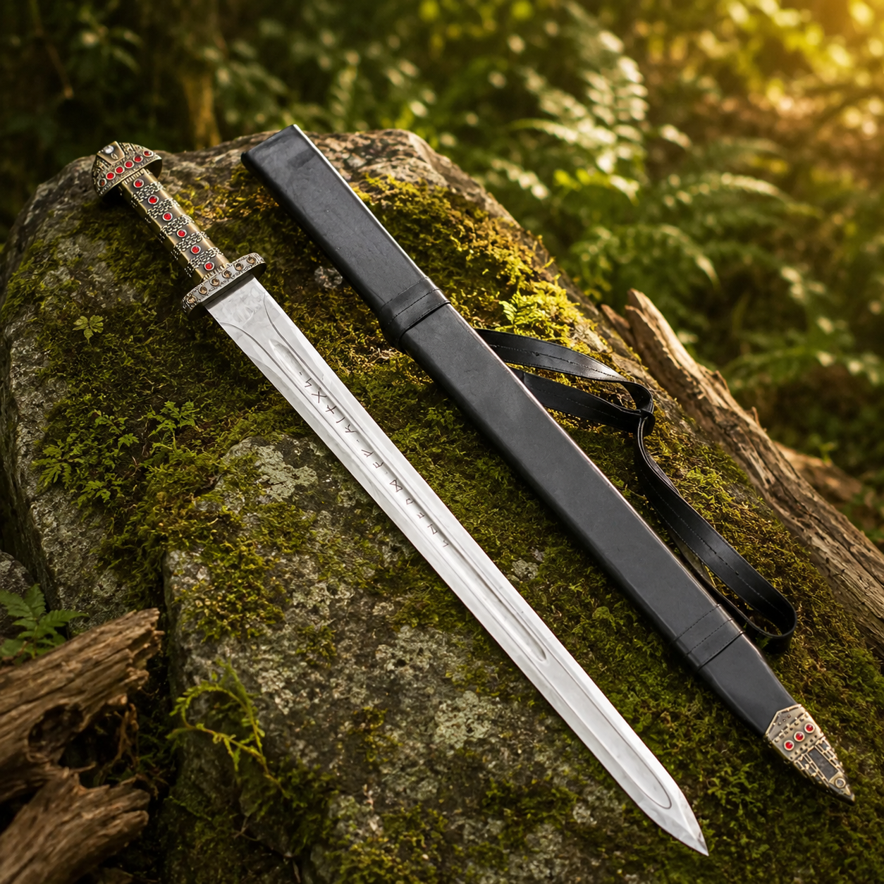 Ragnar Lothbrok sword collectible with leather scabbard on stone – fan display prop replica