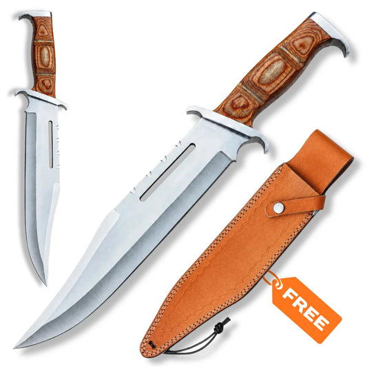 Rambo III Bowie knife collectible with patterned wood handle, large stainless steel blade and brown leather sheath