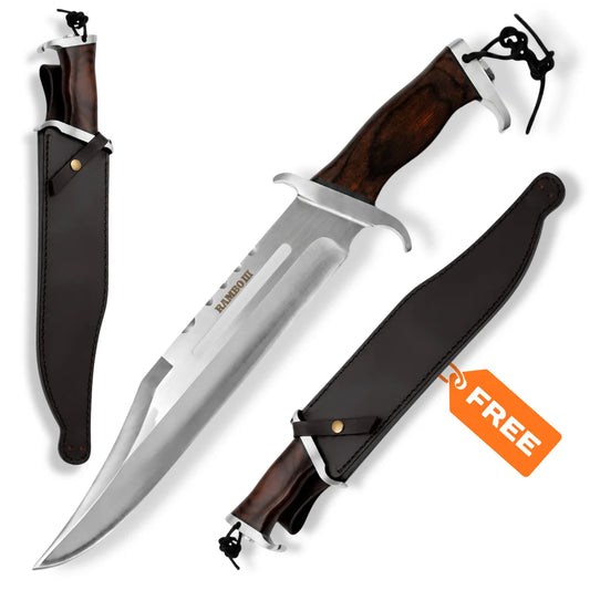 Rambo III standard edition Bowie knife with dark wood handle, large stainless steel blade and dark leather sheath