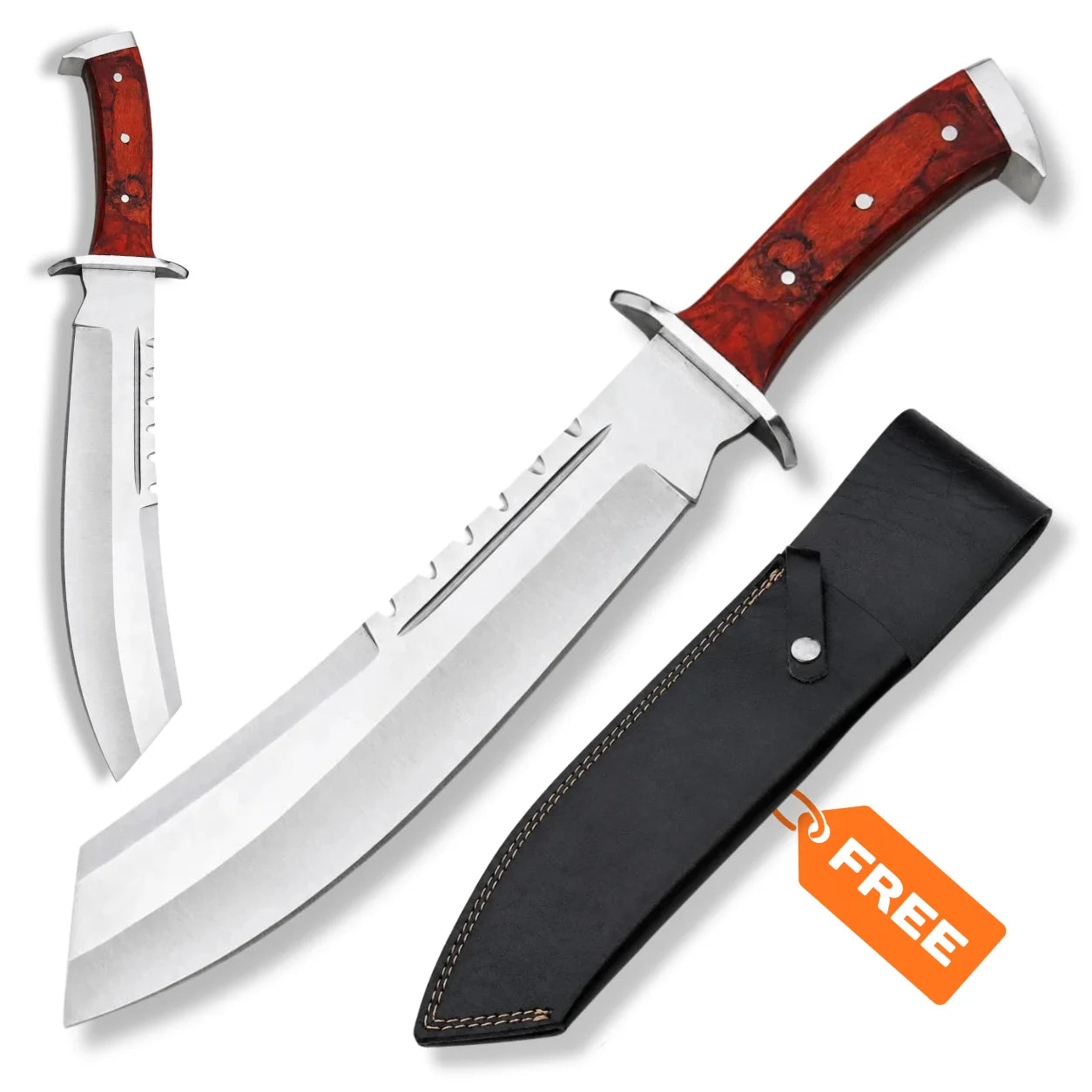 Rambo IV Bowie knife collectible with red wood handle, heavy stainless steel blade and black leather sheath