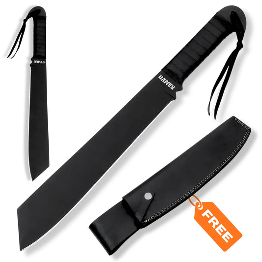 Rambo IV machete knife collectible with black blade, wrapped black handle, wrist lanyard and black leather sheath