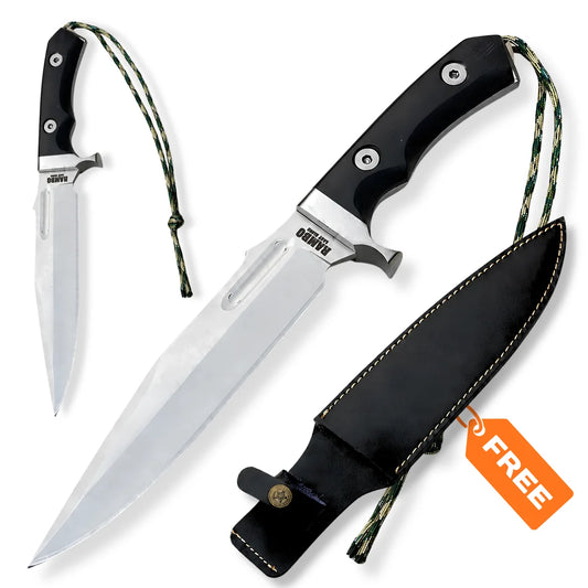 Rambo V Last Blood Bowie knife collectible with black handle, polished Bowie blade, lanyard and black leather sheath