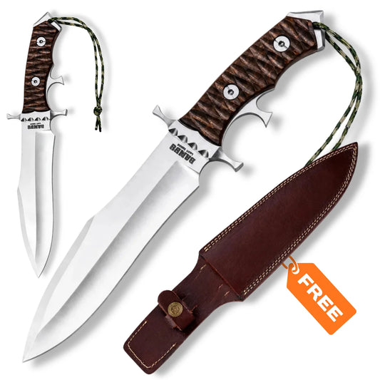Rambo V Last Blood Heartstopper knife collectible with textured brown handle, broad steel blade, lanyard and brown leather sheath