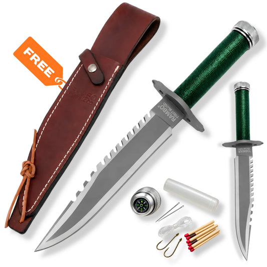 Rambo First Blood standard edition survival knife with green wrapped handle, sawback blade, accessories and brown leather sheath