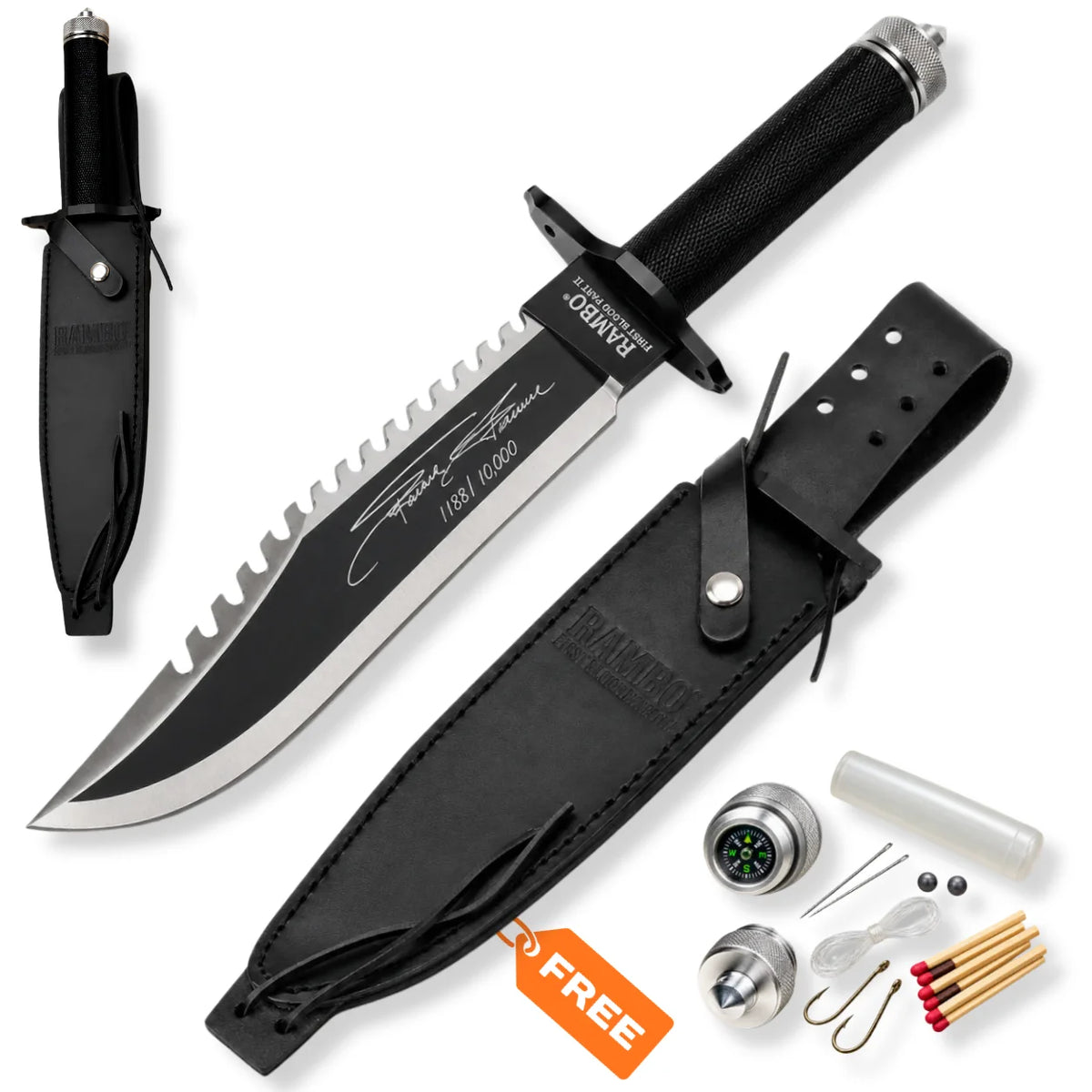 Rambo First Blood Part II knife Stallone Signature Edition with black handle, signed sawback blade, survival kit and black sheath