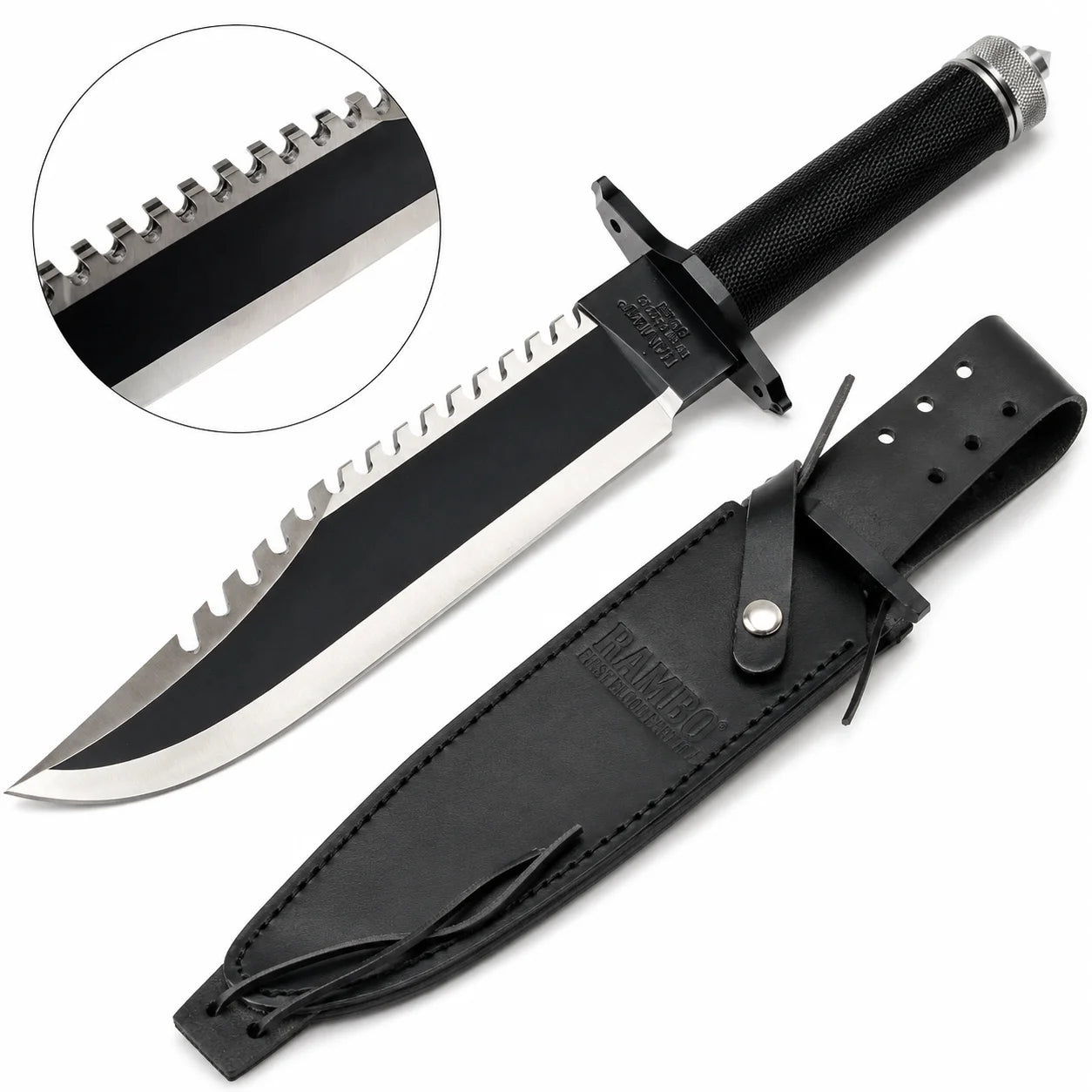 Rambo First Blood Part II knife prop replica full hero view on mossy log showing black matte coated blade with serrated saw-tooth spine polished silver bevel RAMBO FIRST BLOOD PART II engraving black crossguard black cord-wrapped handle and knurled silver pommel cap – movie display collectible