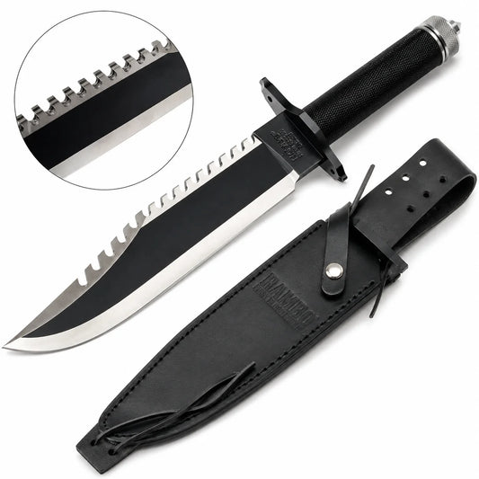 Rambo First Blood Part II knife prop replica full hero view on mossy log showing black matte coated blade with serrated saw-tooth spine polished silver bevel RAMBO FIRST BLOOD PART II engraving black crossguard black cord-wrapped handle and knurled silver pommel cap – movie display collectible