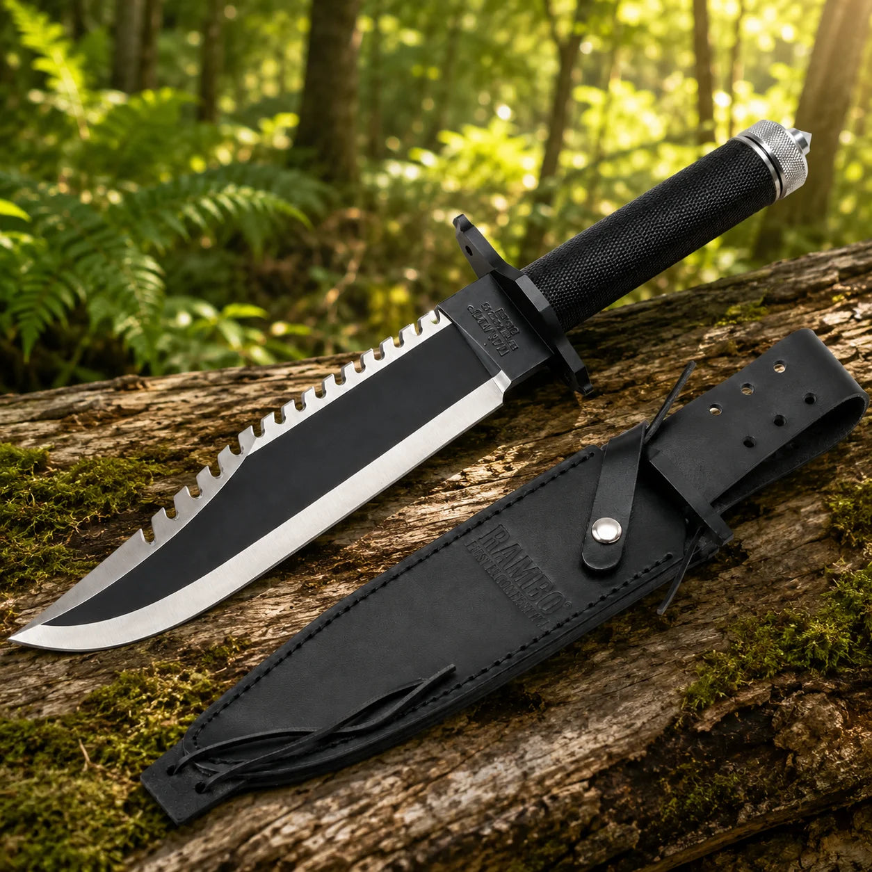 Rambo First Blood Part II knife prop replica close-up macro of black cord paracord-wrapped handle with diamond crosshatch texture black crossguard with two holes and knurled silver pommel cap with pointed tip in sunlit green jungle forest bokeh – John Rambo knife collectible