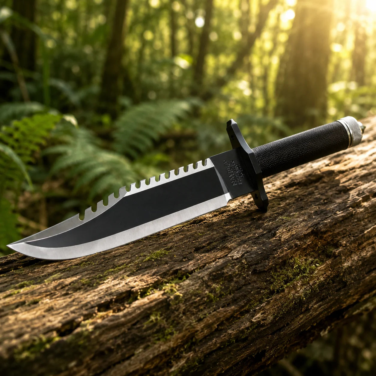Rambo First Blood Part II knife prop replica close-up macro of black matte coated blade with serrated saw-tooth spine polished silver bevel line and clip point tip on mossy log in green fern forest – Rambo movie prop replica display collectible