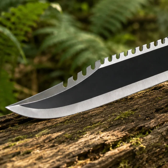 Rambo First Blood Part II knife prop replica alternate hero angle on large mossy rock showing full black matte blade with serrated spine polished silver bevel black crossguard black cord-wrapped handle and knurled silver pommel cap in sunlit green jungle forest – Rambo fan gift display piece