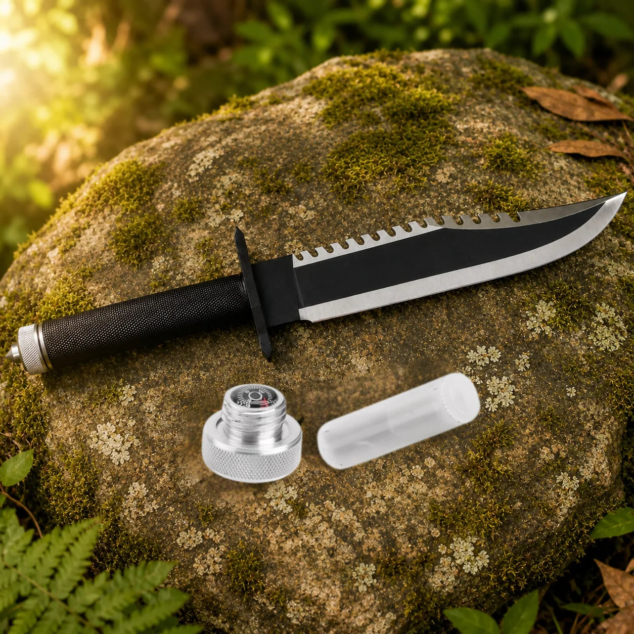 Rambo First Blood Part II knife prop replica held in gloved hand in sunlit green jungle forest showing full black matte blade with serrated saw-tooth spine polished silver bevel RAMBO FIRST BLOOD PART II engraving black crossguard black cord-wrapped handle and knurled silver pommel cap – Rambo cosplay prop