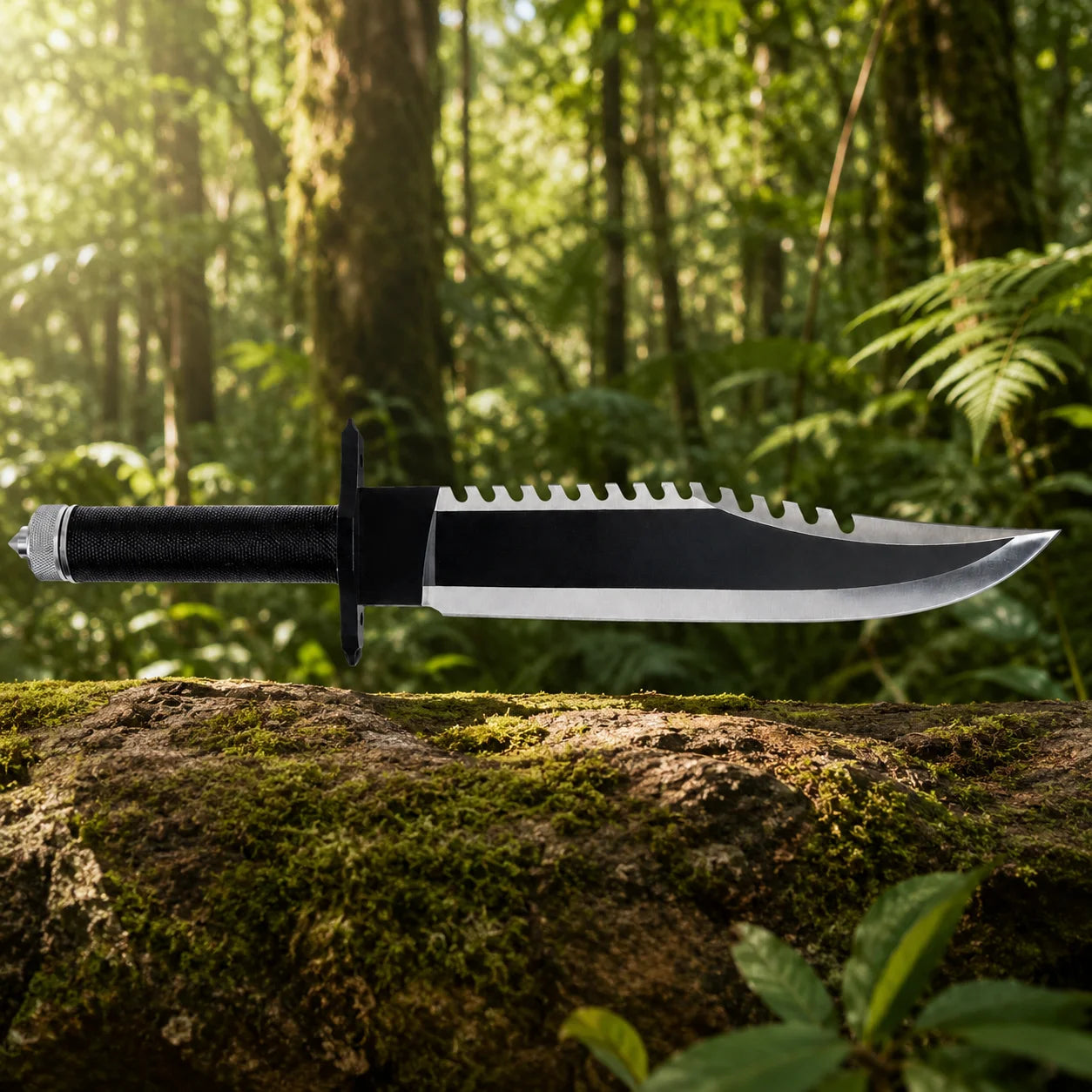 Rambo First Blood Part II knife prop replica additional hero angle on mossy log showing complete black matte coated blade with serrated spine polished silver bevel clip point tip black crossguard black cord-wrapped handle with diamond crosshatch texture and knurled silver pommel cap – Rambo movie collectible wall display