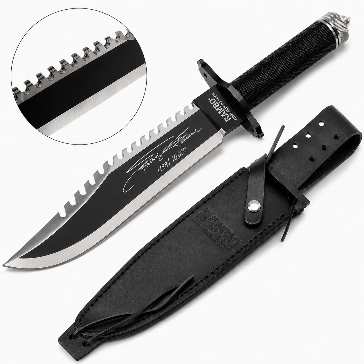 Rambo First Blood Part II Stallone Signature Edition knife prop replica full hero view on mossy log with black leather RAMBO FIRST BLOOD PART II embossed sheath showing black matte blade serrated saw-tooth spine Stallone facsimile signature 1188 10000 engraving RAMBO FIRST BLOOD PART II crossguard black diamond crosshatch knurled handle and knurled silver pommel cap – movie display collectible