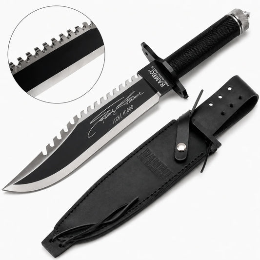 Rambo First Blood Part II Stallone Signature Edition knife prop replica full hero view on mossy log with black leather RAMBO FIRST BLOOD PART II embossed sheath showing black matte blade serrated saw-tooth spine Stallone facsimile signature 1188 10000 engraving RAMBO FIRST BLOOD PART II crossguard black diamond crosshatch knurled handle and knurled silver pommel cap – movie display collectible