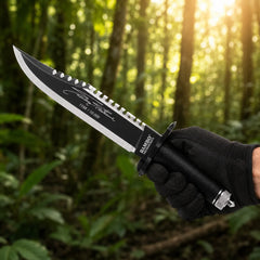 Rambo First Blood Part II Stallone Signature Edition knife prop replica alternate hero view on mossy log showing opposite blade side with black matte finish serrated saw-tooth spine Stallone facsimile signature 1188 10000 engraving black crossguard black diamond crosshatch knurled handle and knurled silver pommel cap – John Rambo limited edition collectible