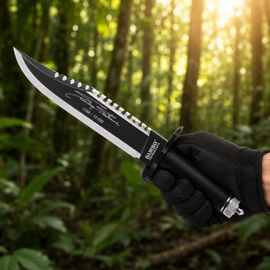 Rambo First Blood Part II Stallone Signature Edition knife prop replica alternate hero view on mossy log showing opposite blade side with black matte finish serrated saw-tooth spine Stallone facsimile signature 1188 10000 engraving black crossguard black diamond crosshatch knurled handle and knurled silver pommel cap – John Rambo limited edition collectible